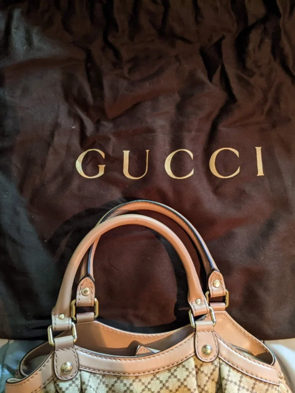 New Authentic Gucci Beige Diamante Medium Sukey Tote Canvas Leather Powder Pink